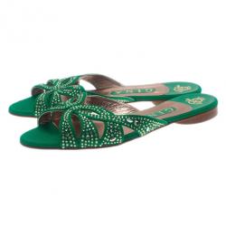 Pre Owned Gina Green Canvas Crystal Sabrina Flat Sandals Size 37.5