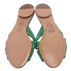 Pre Owned Gina Green Canvas Crystal Sabrina Flat Sandals Size 37.5