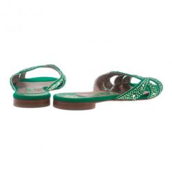 Pre Owned Gina Green Canvas Crystal Sabrina Flat Sandals Size 37.5