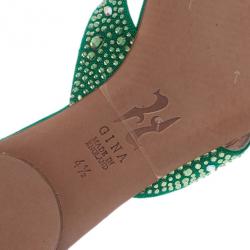 Pre Owned Gina Green Canvas Crystal Sabrina Flat Sandals Size 37.5