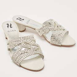 مملوكة مسبقًا Gina White/Silver Patent Leather Crystal Embellished Slides Size 39