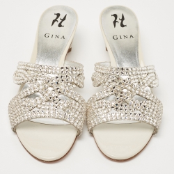 مملوكة مسبقًا Gina White/Silver Patent Leather Crystal Embellished Slides Size 39