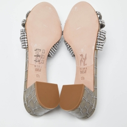 Pre Owned Gina Grey Croc Embossed Patent Leather Crystal Embellished Slide Sandals Size 38.5