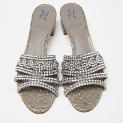Pre Owned Gina Grey Croc Embossed Patent Leather Crystal Embellished Slide Sandals Size 38.5