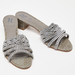 Pre Owned Gina Grey Croc Embossed Patent Leather Crystal Embellished Slide Sandals Size 38.5
