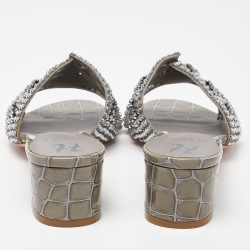 Pre Owned Gina Grey Croc Embossed Patent Leather Crystal Embellished Slide Sandals Size 38.5
