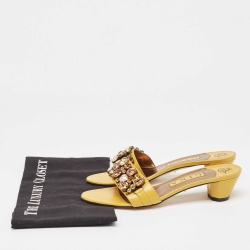Pre Owned Gina Yellow Leather Crystal Embellished Slide Sandals Size 39