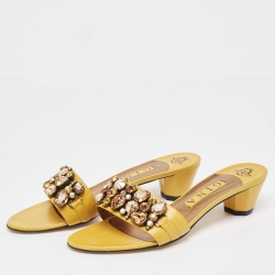 Pre Owned Gina Yellow Leather Crystal Embellished Slide Sandals Size 39