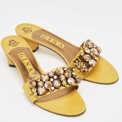 Pre Owned Gina Yellow Leather Crystal Embellished Slide Sandals Size 39