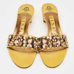 Pre Owned Gina Yellow Leather Crystal Embellished Slide Sandals Size 39