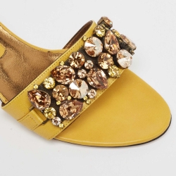 Pre Owned Gina Yellow Leather Crystal Embellished Slide Sandals Size 39