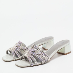 Pre Owned Gina Grey Croc Embossed Leather Crystal Embellished Loren Sandals Size 38