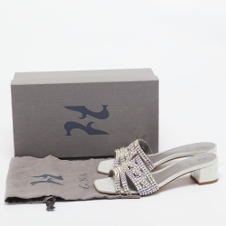 Pre Owned Gina Grey Croc Embossed Leather Crystal Embellished Loren Sandals Size 38