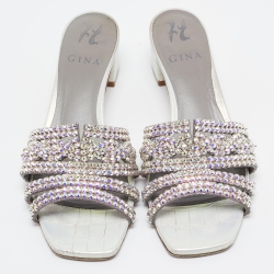 Pre Owned Gina Grey Croc Embossed Leather Crystal Embellished Loren Sandals Size 38