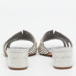 Pre Owned Gina Grey Croc Embossed Leather Crystal Embellished Loren Sandals Size 38