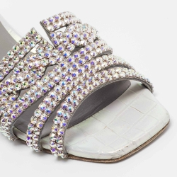 Pre Owned Gina Grey Croc Embossed Leather Crystal Embellished Loren Sandals Size 38