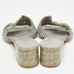 Pre Owned Gina Green Croc Embossed Patent Leather Crystal Embellished Sandals Size 40