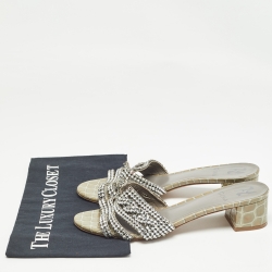 Pre Owned Gina Green Croc Embossed Patent Leather Crystal Embellished Sandals Size 40