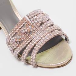 Gina Pink Crystal Embellished Leather Orsay Block Heel Slide Sandals Size 39.5