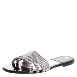 Pre Owned Gina Silver Crystal Embellished Flat Slides Size 40