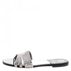 Pre Owned Gina Silver Crystal Embellished Flat Slides Size 40