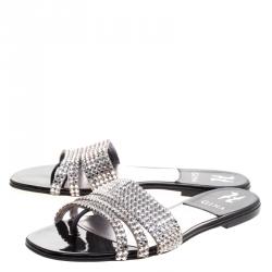 Pre Owned Gina Silver Crystal Embellished Flat Slides Size 40