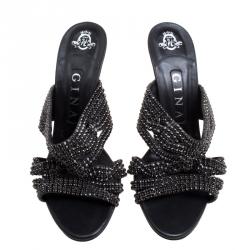Pre Owned Gina Black Crystal Embellished Leather Slides Size 38.5