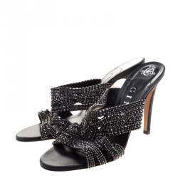 Pre Owned Gina Black Crystal Embellished Leather Slides Size 38.5