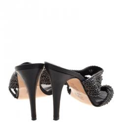 Pre Owned Gina Black Crystal Embellished Leather Slides Size 38.5