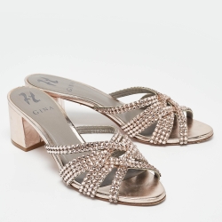Pre Owned Gina Rose Gold Leather Crystal Embellished Dexie Block Heel Sandals Size 39