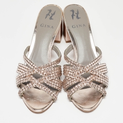 Pre Owned Gina Rose Gold Leather Crystal Embellished Dexie Block Heel Sandals Size 39