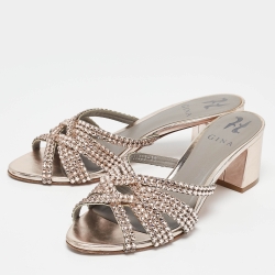 Pre Owned Gina Rose Gold Leather Crystal Embellished Dexie Block Heel Sandals Size 39
