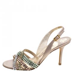 Pre Owned Gina Metallic Pale Pink Leather Crystal Embellished Slingback Sandals Size 37