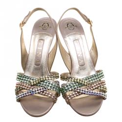 Pre Owned Gina Metallic Pale Pink Leather Crystal Embellished Slingback Sandals Size 37