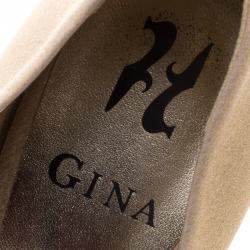 Pre Owned حذاء كعب عالي جينا نعل سميك كلير قماش لاميه ذهبي ميتالك مقاس 38.5