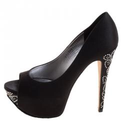 مملوكة مسبقًا حذاء كعب عالي جينا نعل سميك مقدمة مدببة ساتان مزخرف كريستال أسود مقاس 40