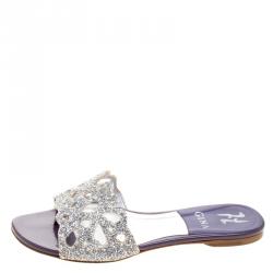 Pre Owned Gina Purple Crystal Embellished Leather Flat Slides Size 37.5