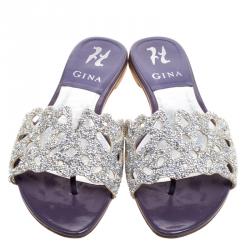 Pre Owned Gina Purple Crystal Embellished Leather Flat Slides Size 37.5