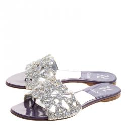 Pre Owned Gina Purple Crystal Embellished Leather Flat Slides Size 37.5