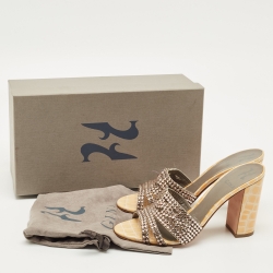 Pre Owned Gina Two Tone Croc Embossed Patent Leather Crystal Embellished Slide Sandals Size 38.5