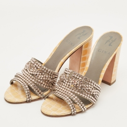 Pre Owned Gina Two Tone Croc Embossed Patent Leather Crystal Embellished Slide Sandals Size 38.5