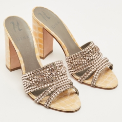 Pre Owned Gina Two Tone Croc Embossed Patent Leather Crystal Embellished Slide Sandals Size 38.5