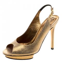 Pre Owned صندل جينا بفتحة كعب ومقدمة مفتوحة مزخرف جلد سحلية ذهبي ميتاليك مقاس 36