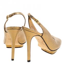 Pre Owned صندل جينا بفتحة كعب ومقدمة مفتوحة مزخرف جلد سحلية ذهبي ميتاليك مقاس 36