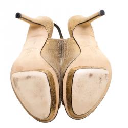 Pre Owned صندل جينا بفتحة كعب ومقدمة مفتوحة مزخرف جلد سحلية ذهبي ميتاليك مقاس 36