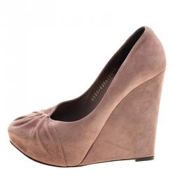 مملوكة مسبقًا Gina Brown Pleated Suede Wedge Platform Pumps Size 38