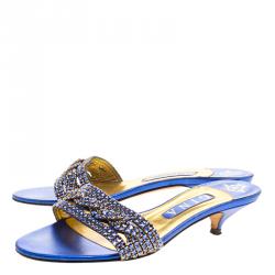 Pre Owned Gina Blue Crystal Embellished Kitten Heel Slides Size 38