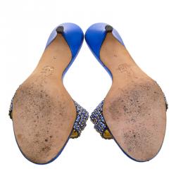 Pre Owned Gina Blue Crystal Embellished Kitten Heel Slides Size 38