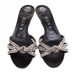 Pre Owned Gina Black Embellished Knotted Open Toe Slides Size 38