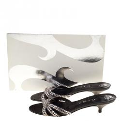 Pre Owned Gina Black Embellished Knotted Open Toe Slides Size 38